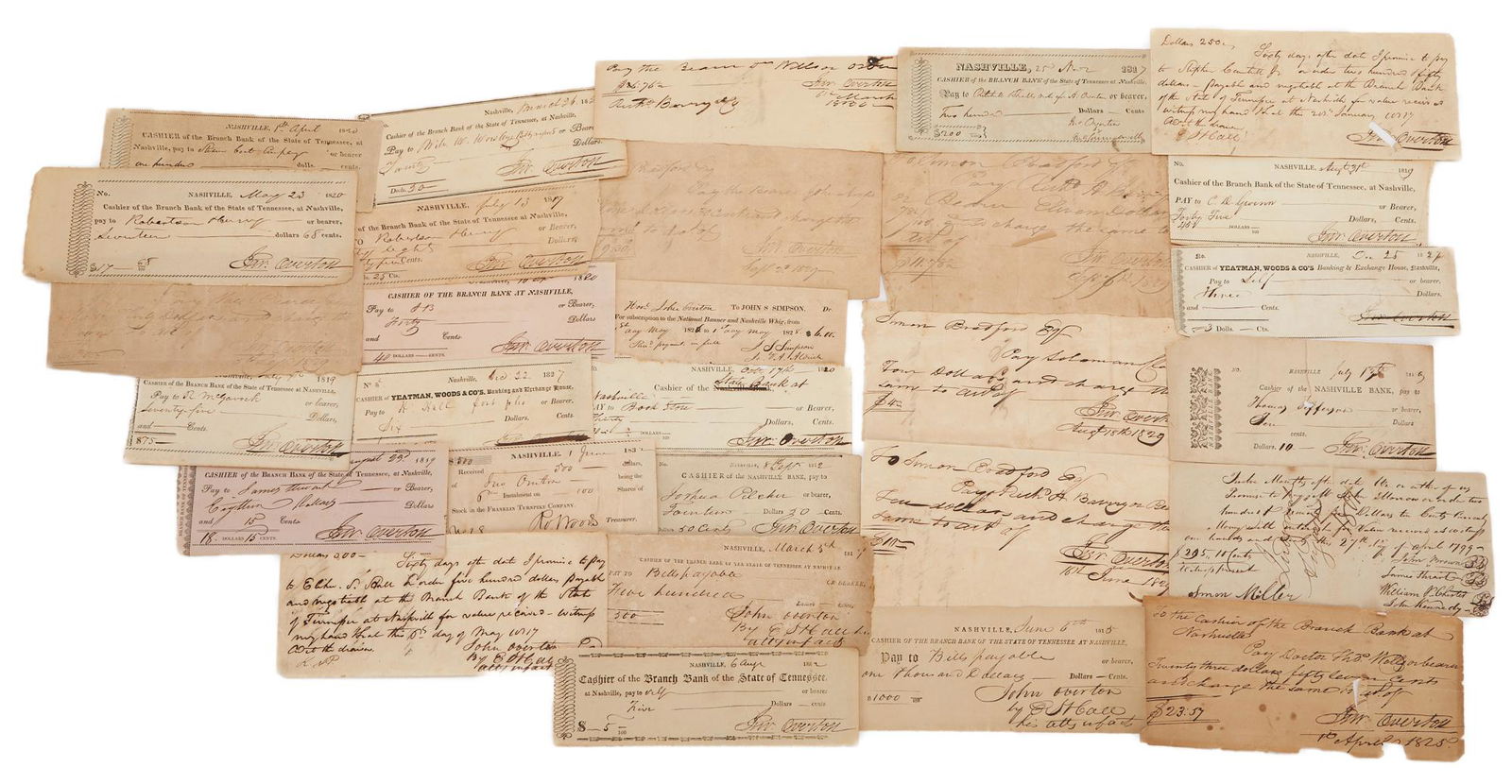 Collection of 28 John Overton Signed Bank Checks, most Nashville, TN, 1810-1821 (29 total) (1 of 8)