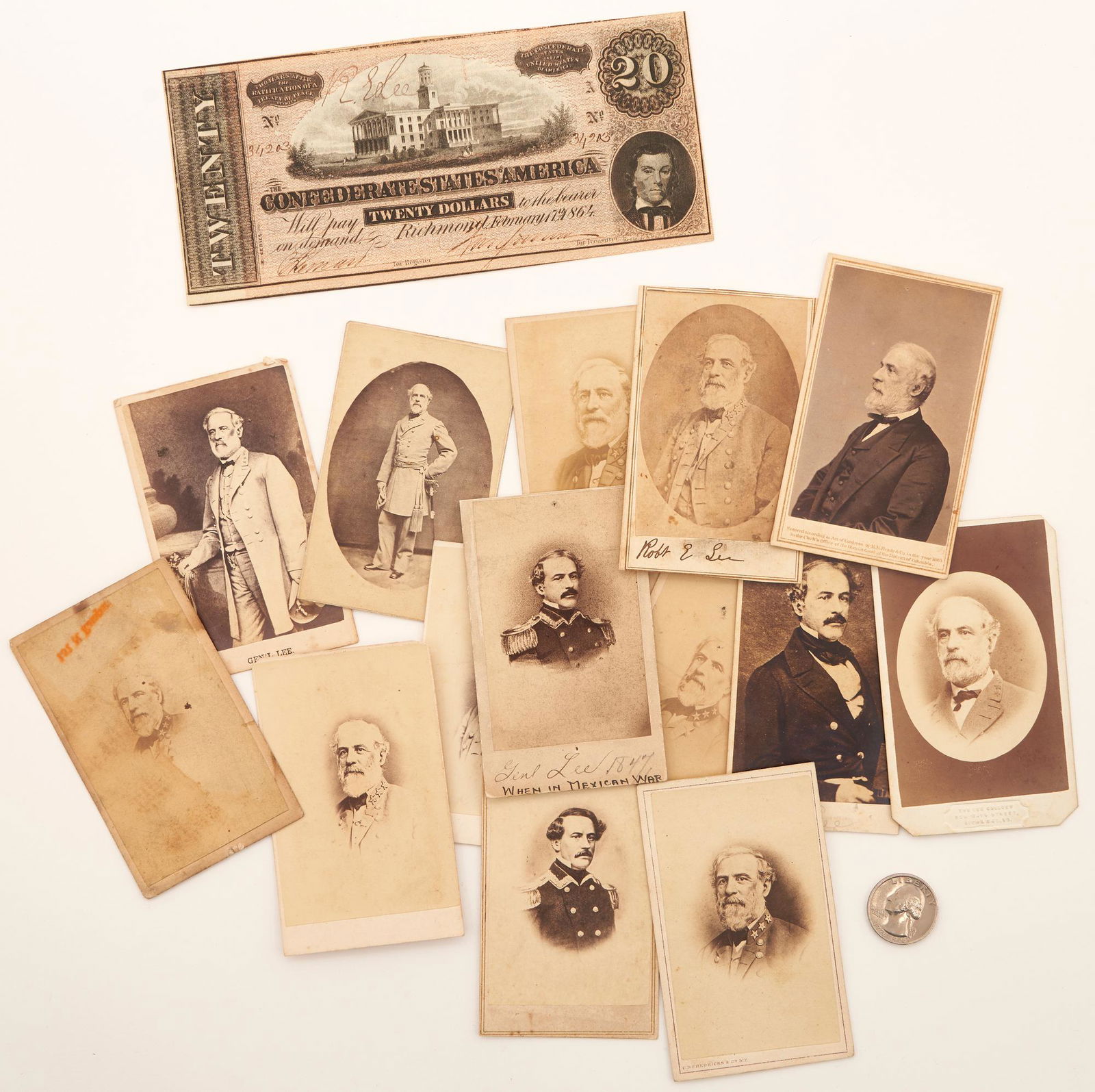 Robert E. Lee CDVs, incl. Anthony and Brady Marks and signed $20 CSA bill, total fifteen (15) items (1 of 10)