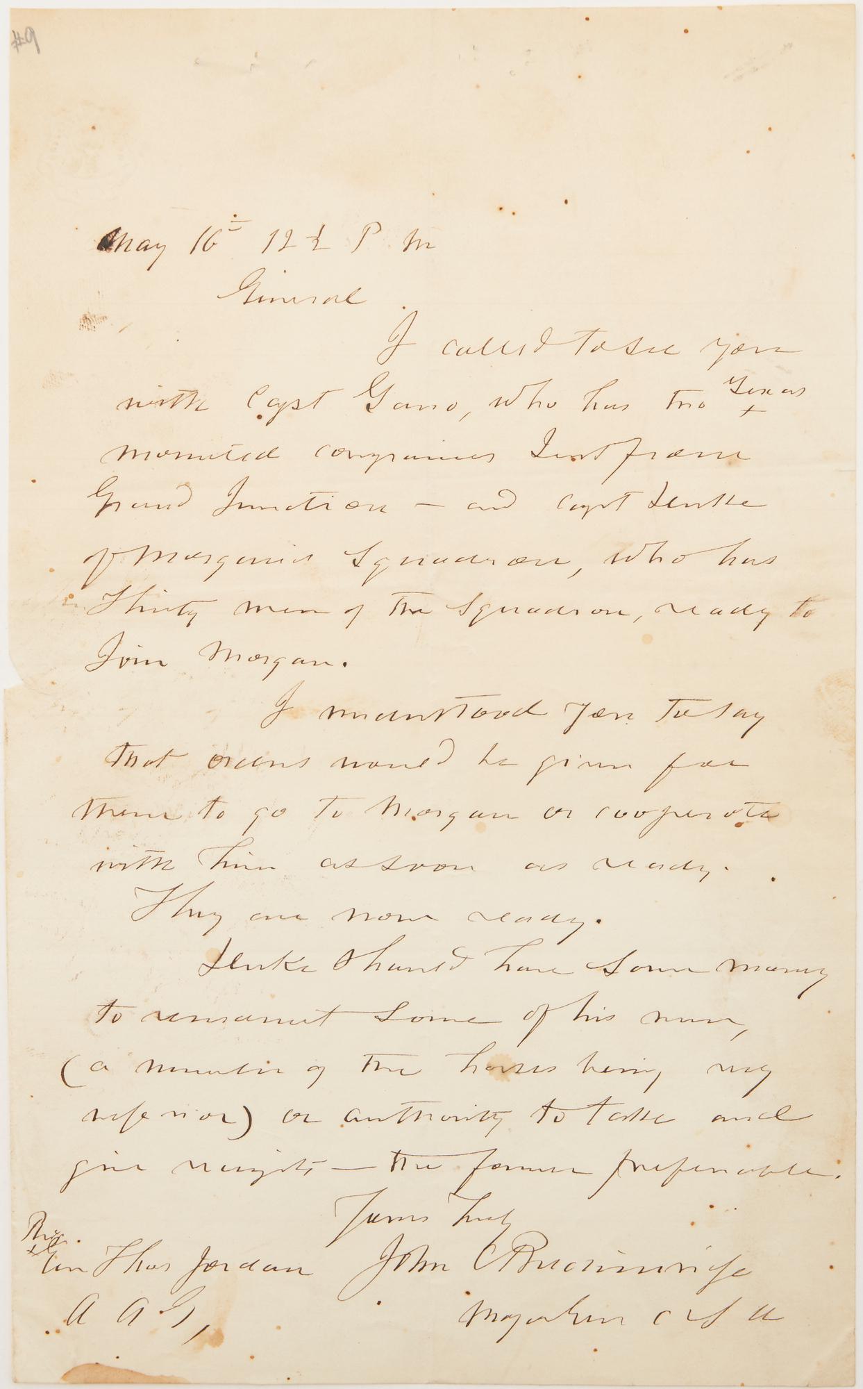 CSA Gen. J. C. Breckinridge Signed Letter to Brig. Gen. Thomas Gordan, 1862 (1 of 6)