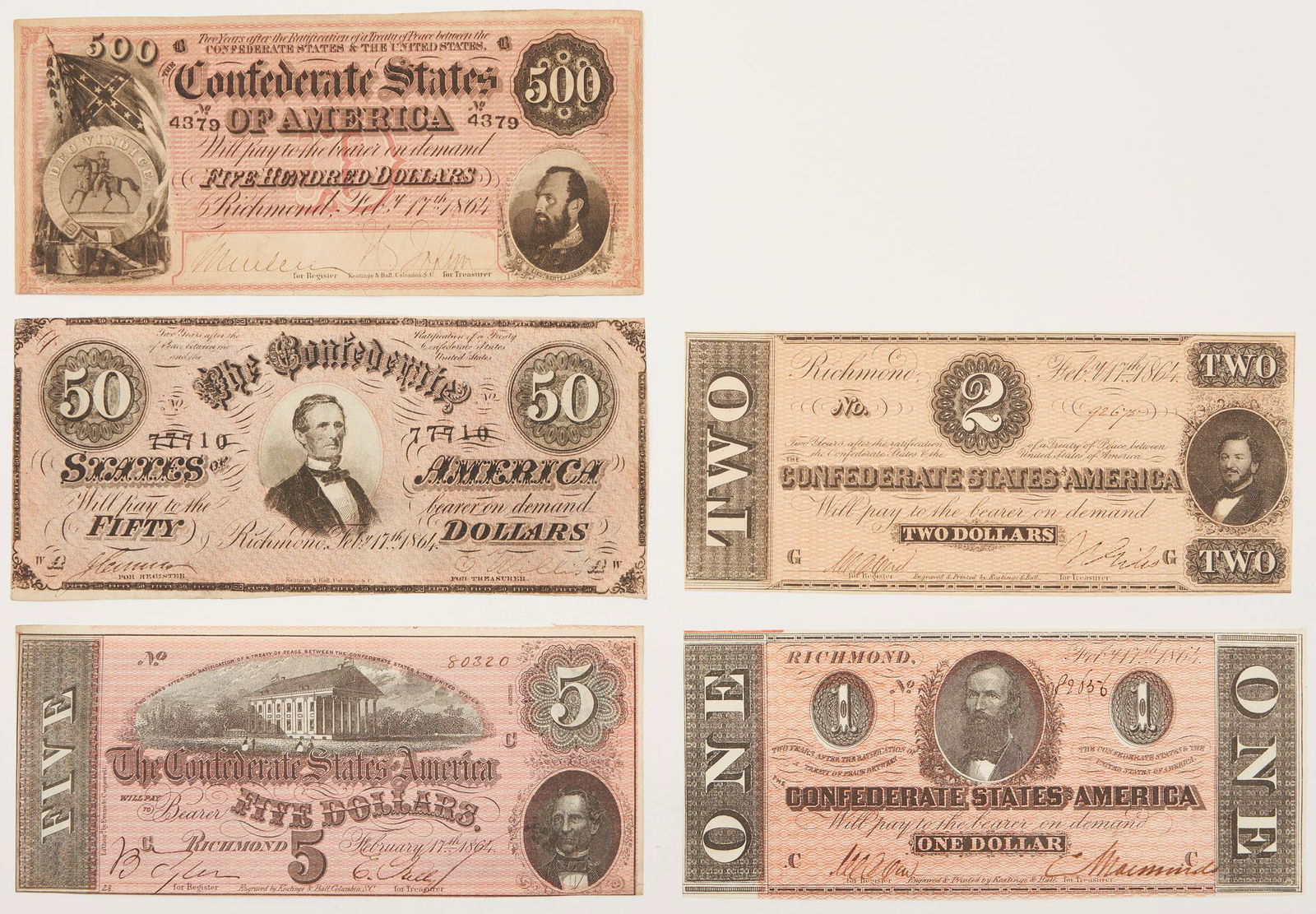 5 CSA 1864 Currency Notes, incl. $500 Stonewall Note, $50 J. Davis Note (1 of 7)