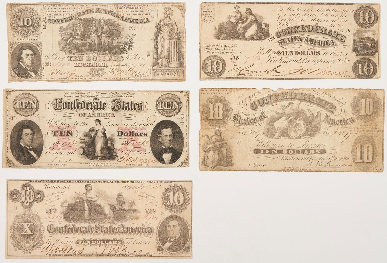 5 CSA 1861 $10 Currency Notes, incl. T-30 Sweet Potato Dinner (1 of 10)