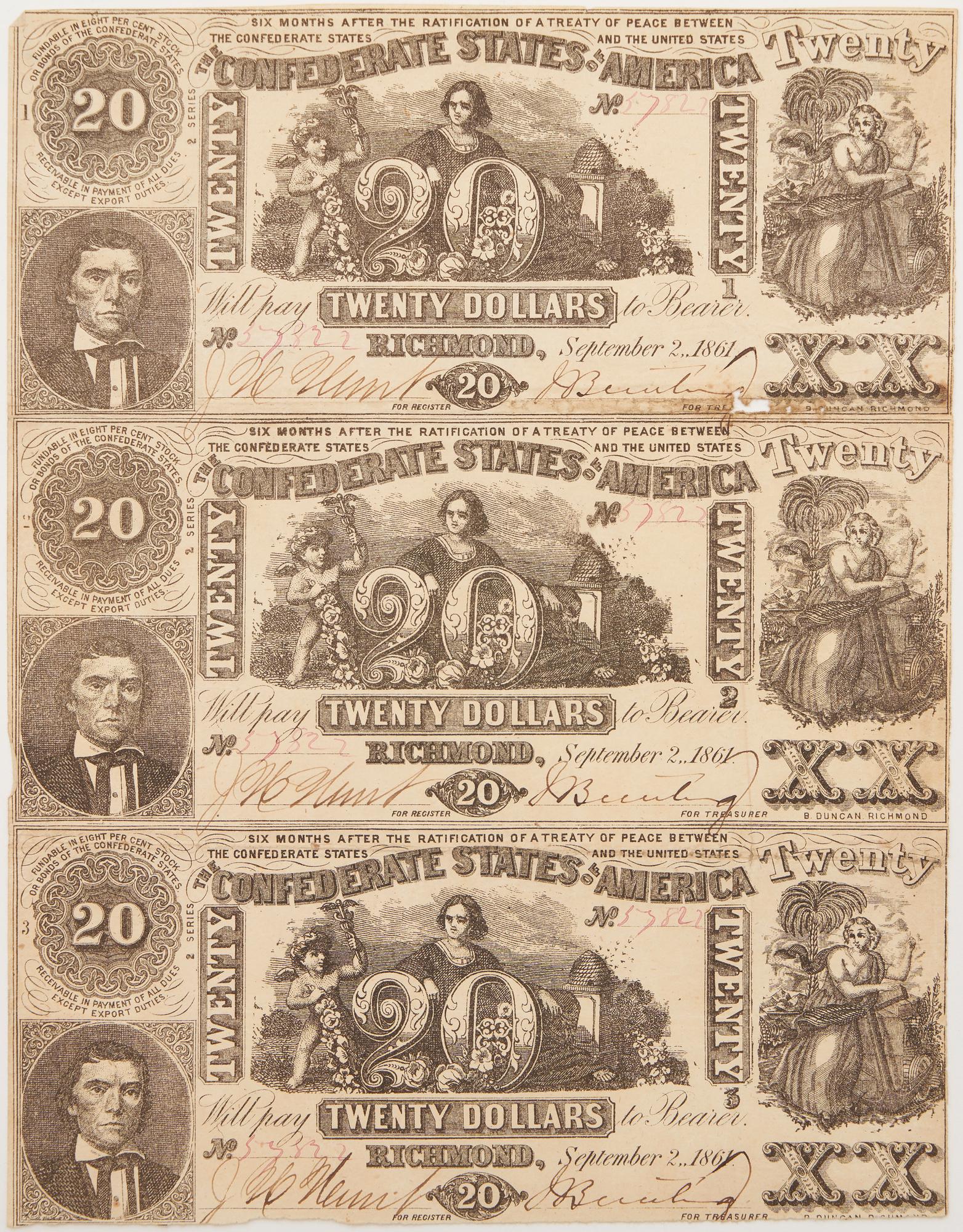 Uncut Sheet of 3 $20 CSA 1861 Notes (1 of 4)