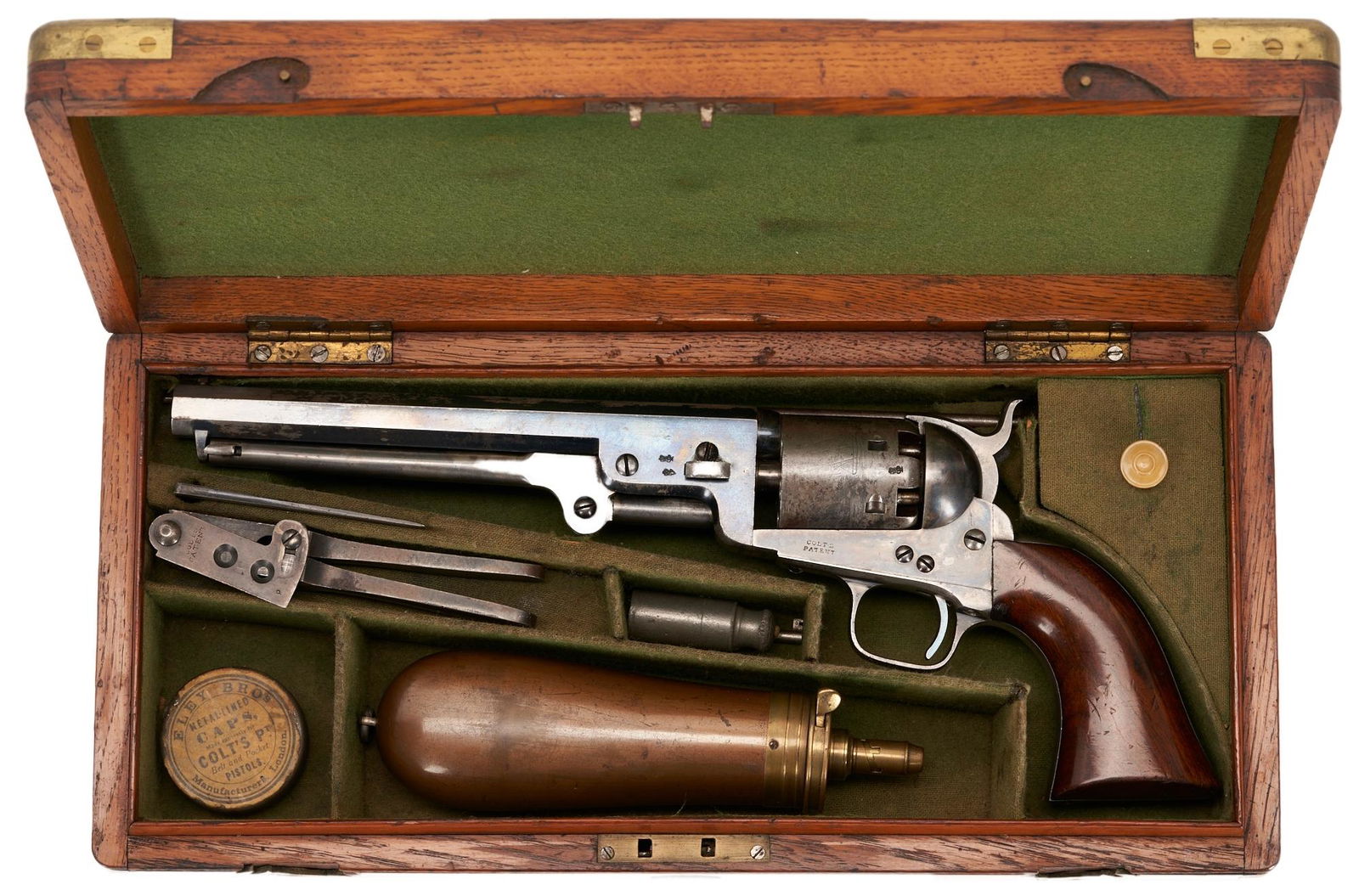 Colt 1851 London Navy Percussion Revolver w/ Oak Case, .36 cal., 4 items: Colt Model 1851 London Navy Percussion Revolver, .36 caliber, serial number 17395, all visible serial numbers matching. Top of barrel marked "Address. Col. Colt. London", left side of frame marked "Co