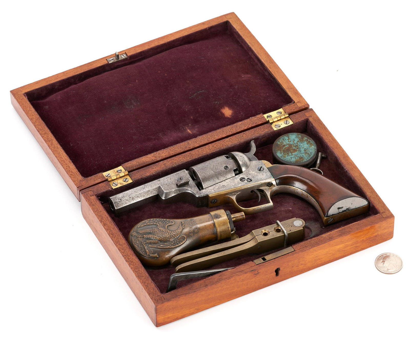 Colt Baby Dragoon Model 1848 Revolver w/ Paterson-Style Case, .31 cal., 3 items: Mexican-American War era Colt Baby Dragoon Model 1848 Percussion Revolver, Type 1, .31 caliber, serial number 563, all visible serial numbers matching. Barrel marked "Address Col. Saml Colt New-York U