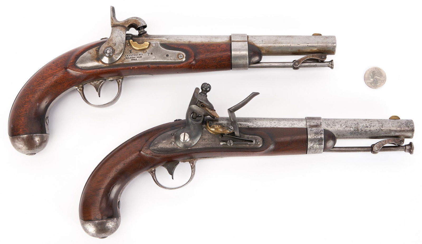 2 US Model 1836 Pistols, incl. R. Johnson Flintlock, A.H. Waters Percussion: 1st item: Robert Johnson, Middleton, Connecticut U.S. Model 1836 flintlock cavalry pistol, .54 caliber, dated 1840. Right side of lock plate stamped "U S./R. Johnson/Middn. Conn/1840", top of barrel s
