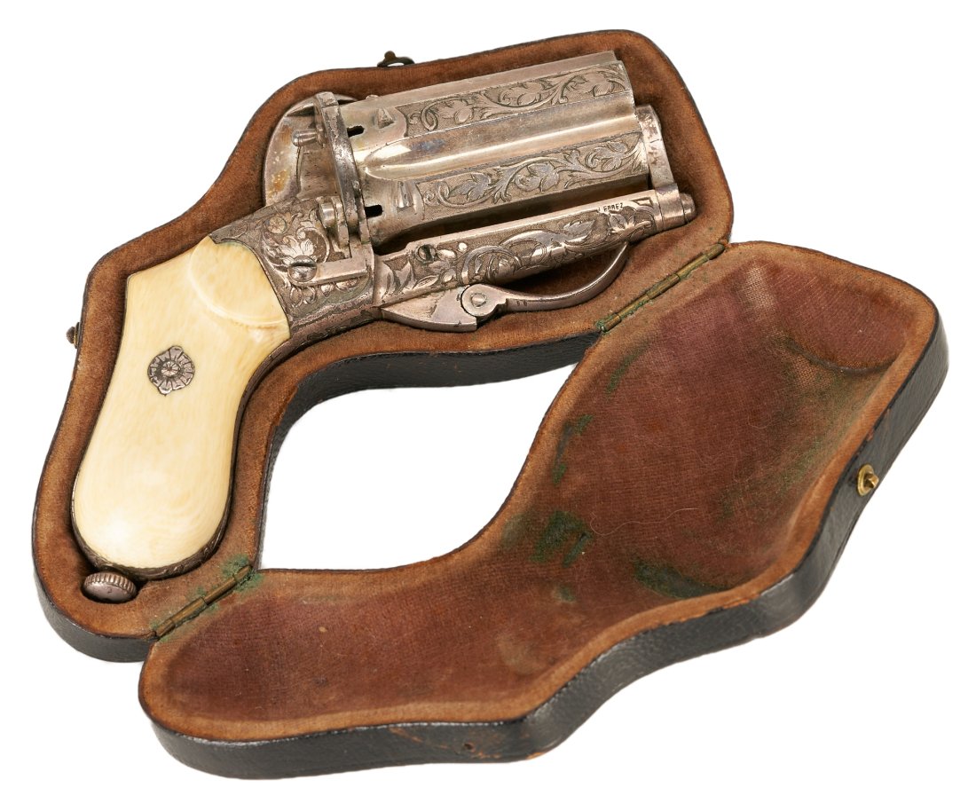 Lefaucheux Pinfire Pepperbox Revolver w/ Case, 8mm: Eugene Lefaucheux Pinfire Pepperbox Double-Action Revolver, 8mm, no serial number. Back strap marked with French maker's marks, lower right side of frame marked "L Eprez", lower left side of frame mar