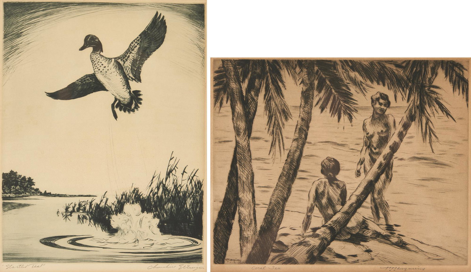 Two Signed American Etchings, Luquiens & Ettinger: Two (2) American etchings by Churchill Ettinger and Huc-Mazelet Luquiens. 1st item: Huc-Mazelet Luquiens (American, 1881-1961) drypoint etching titled "Coral Sea" depicting a scene on a Hawaiian beach