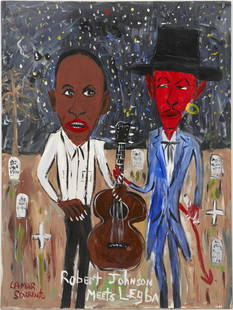 Lamar Sorrento Outsider Art, Robert Johnson Meets Legba: Lamar Sorrento (Tennessee, 20th/21st Century), "Robert Johnson Meets Legba," outsider art acrylic on board painting depicting the mythological midnight meeting in a graveyard between blues musician Ro