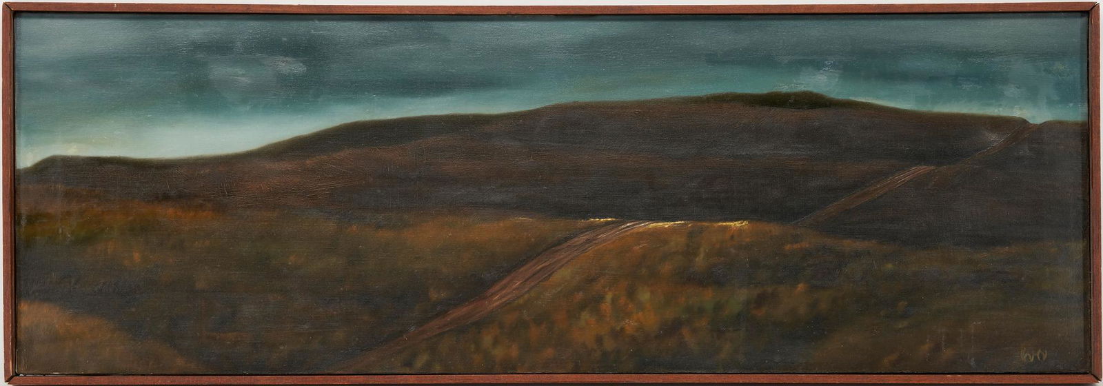 Ward Nichols O/C Panoramic Landscape Painting, Hill Top: Ward H. Nichols (North Carolina/West Virginia, b. 1930) oil on canvas panoramic landscape painting titled "Hill Top" depicting rolling hills, with a path winding across the hilltops, under a dark blue