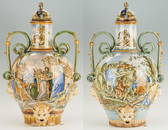 Pair of Large Majolica Snake Handled Urns