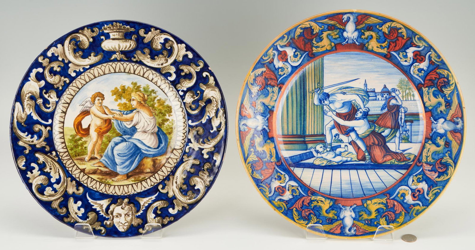 2 Italian Majolica Istoriato Chargers, 1 attr. Paolo Rubboli (1 of 9)