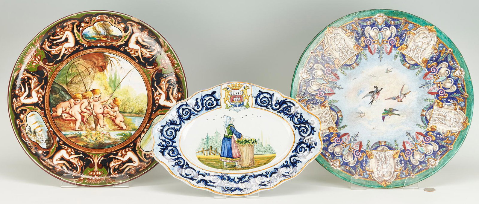 3 Pcs. Continental Ceramics, incl. Majolica Charger after Boucher (1 of 13)