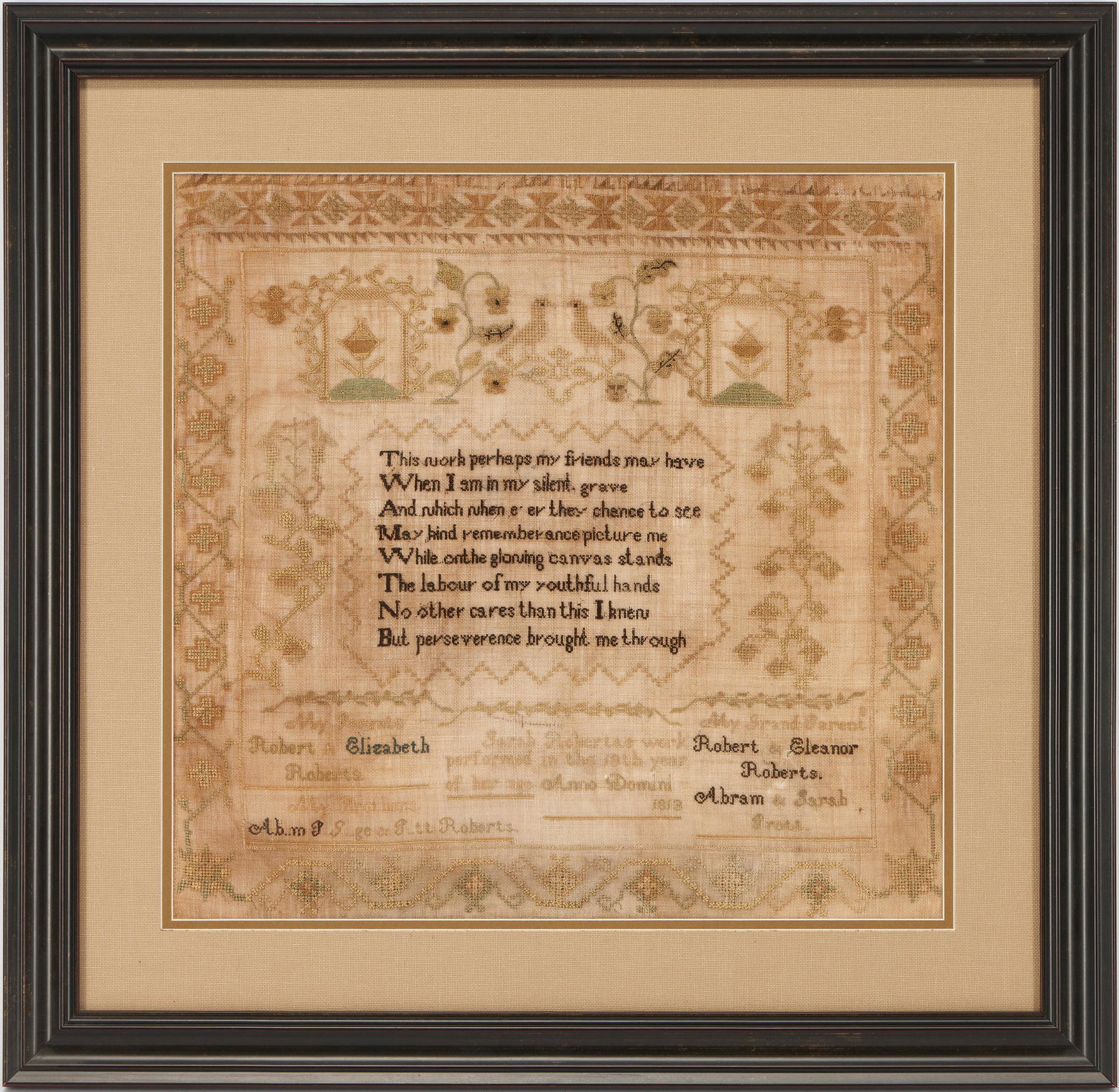 1813 Pennsylvania Needlework Sampler with Verse, by Sarah Roberts (1 of 7)