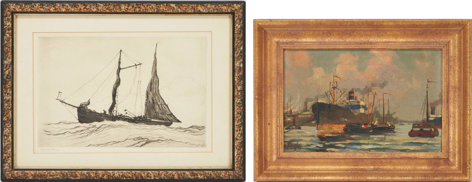 2 Maritime Artworks, incl. Reynolds Beal Etching & Small Harbor Scene (1 of 15)