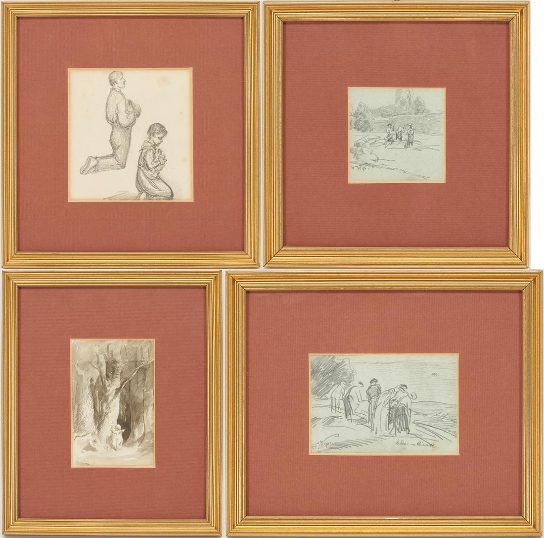 4 Josef Wopfner Drawings, incl. Ink & Wash Cupid Scene, 2 on Blue Paper, & Praying Figures (1 of 20)