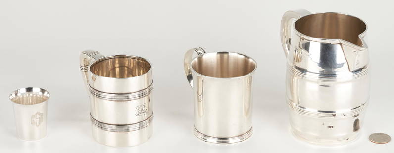 4 Sterling Silver Hollowware Items, incl. Tiffany & Co., Old Newbury Crafters, S. Kirk & Son: 1st-2nd items: Two (2) Tiffany and Company mugs, including one (1) reproduction of a mug having a flared rim, c-scroll handle, and a molded base, originally by John Dixwell (working Boston, MA 1690-17