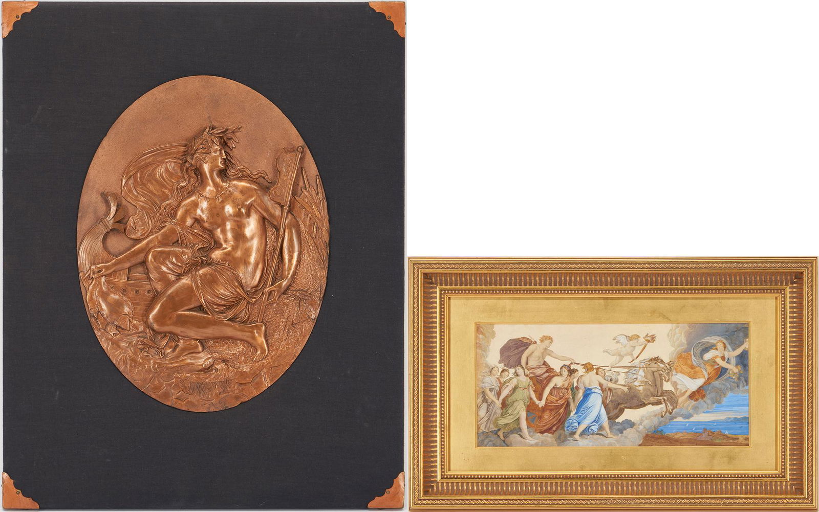 Neoclassical Relief Plaque by Jean-Baptiste Germain & Painted Print after Guido Reni: 1st item: Copper-plated oval high relief plaque with figure of Roman sea goddess Salacia by Jean-Baptiste Germain (French, 1841-1910). Salacia kneels before a ship, fishing net, and growth of cat tail