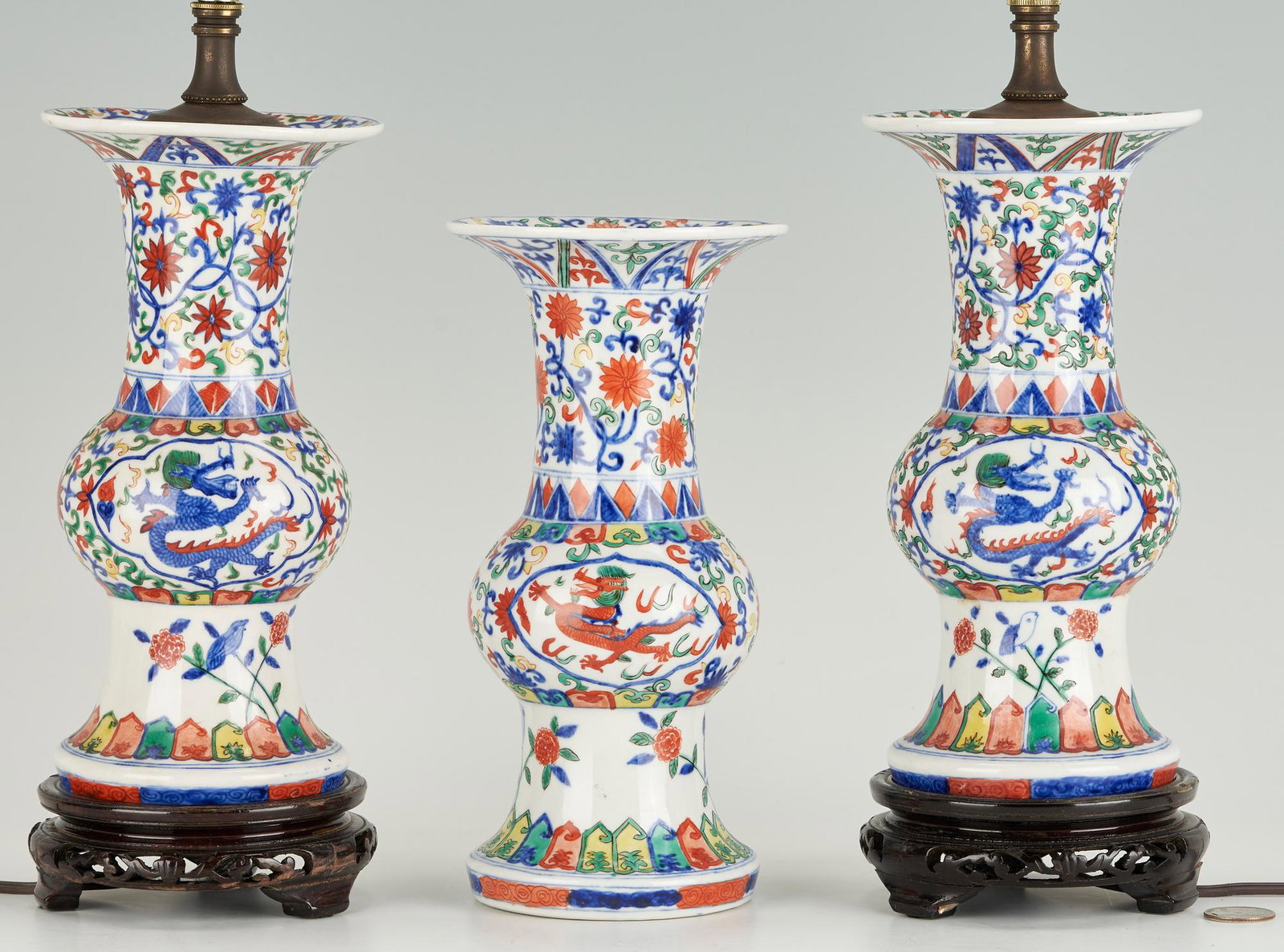 3 Chinese Wan Li style Wucai Gu Vases (2 wired as lamps) (1 of 16)