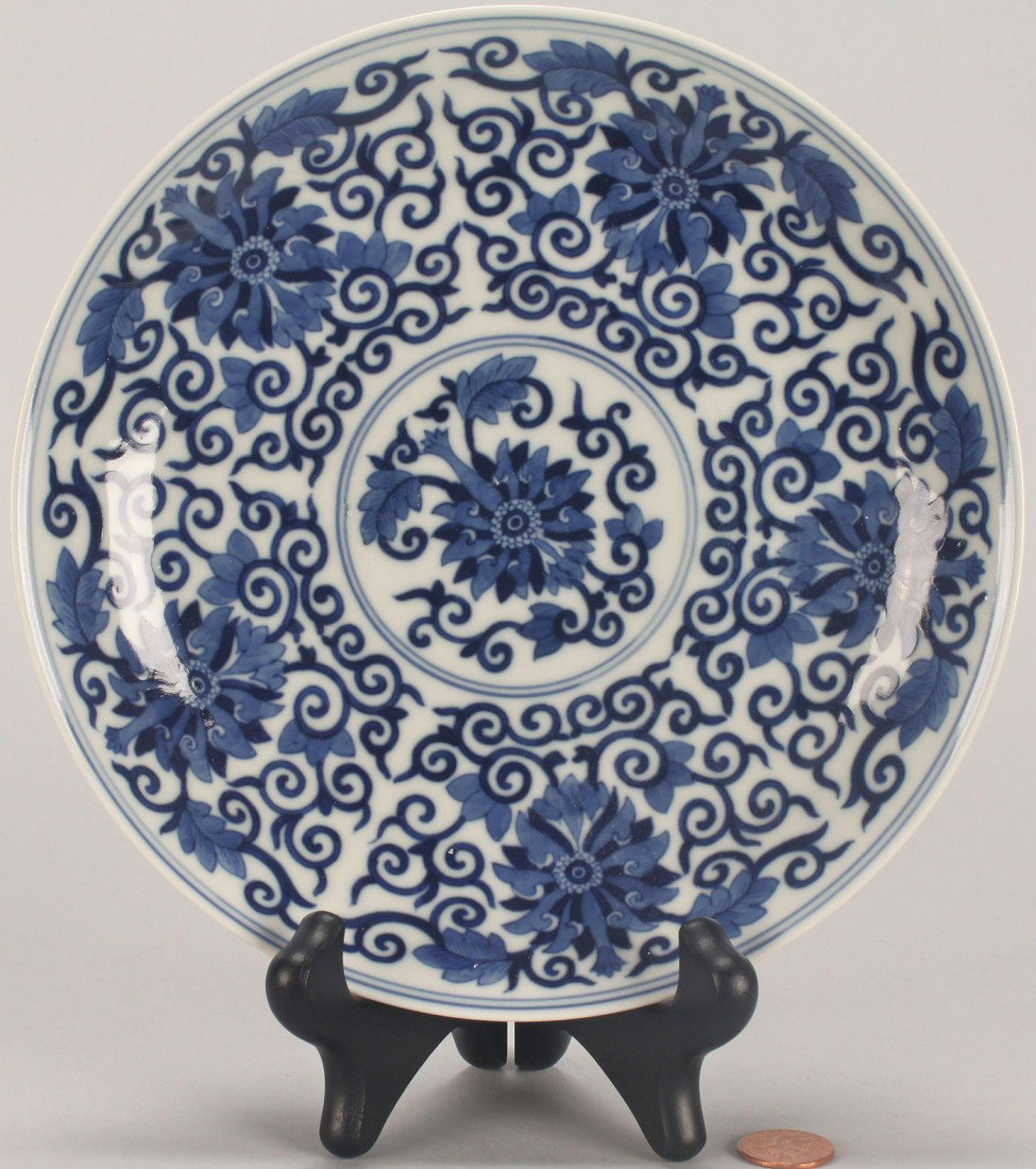 Chinese Blue & White Porcelain Saucer Dish: Chinese blue and white porcelain saucer dish, decorated in underglaze blue with chrysanthemums and vines on interior surface and four bats to the exterior rim surface. Blue six character Kuang Hsu mar