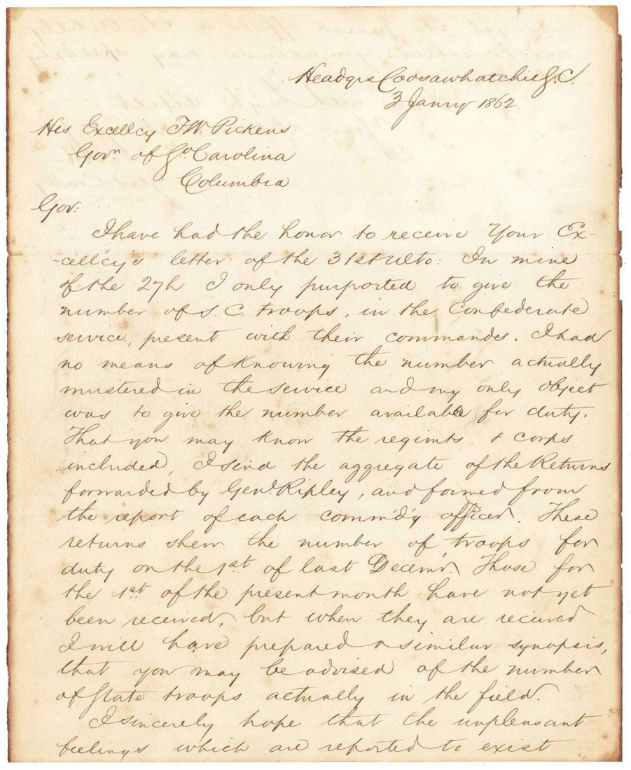 1862 Robert E. Lee War Signed Letter: CSA General Robert E. Lee signed letter to Governor Francis Wilkinson Pickens of South Carolina, dated January 3rd, 1862. In this one page (front and back) letter, Lee is responding to an earlier lett