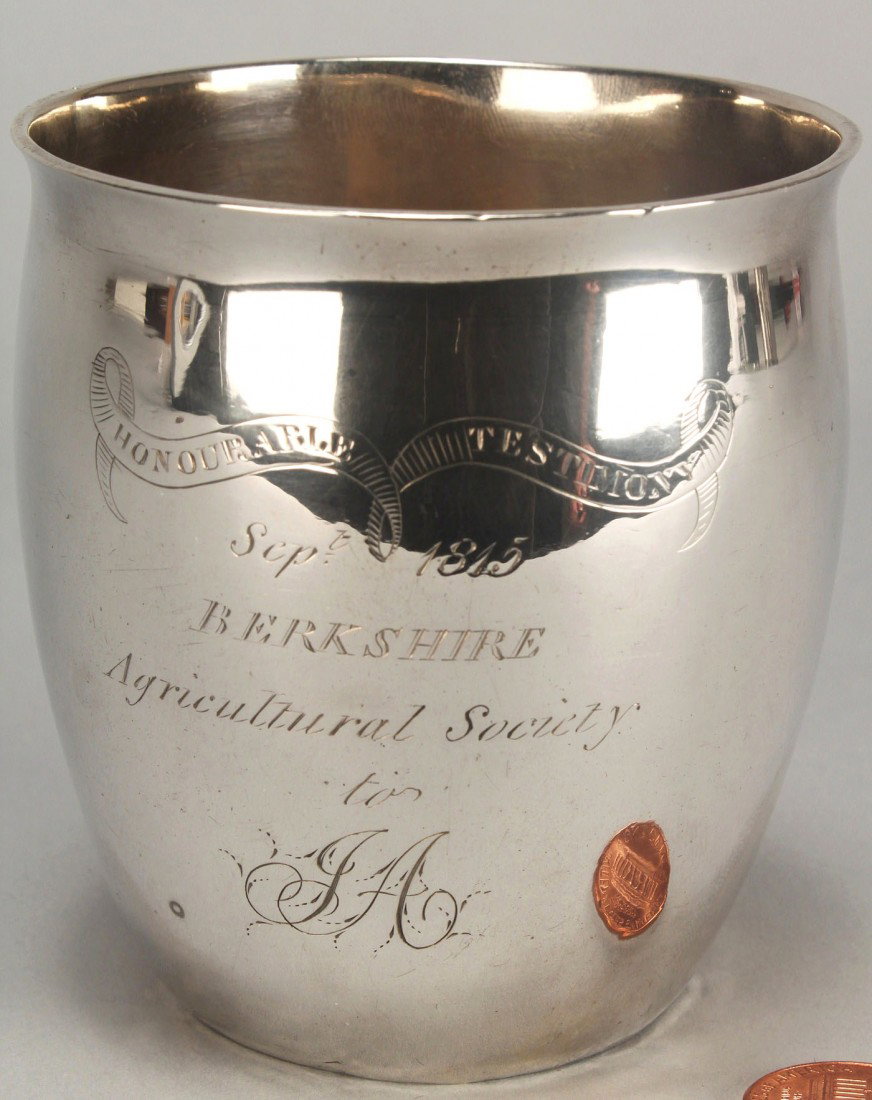 Berkshire Ag. Society Silver Cup: American Federal coin silver cup with early agricultural society inscription. Beaker with bellied body and flared lip, engraved inscription "Honourable Testimony/Sept. 1815/ BERKSHIRE Agricultural Soc
