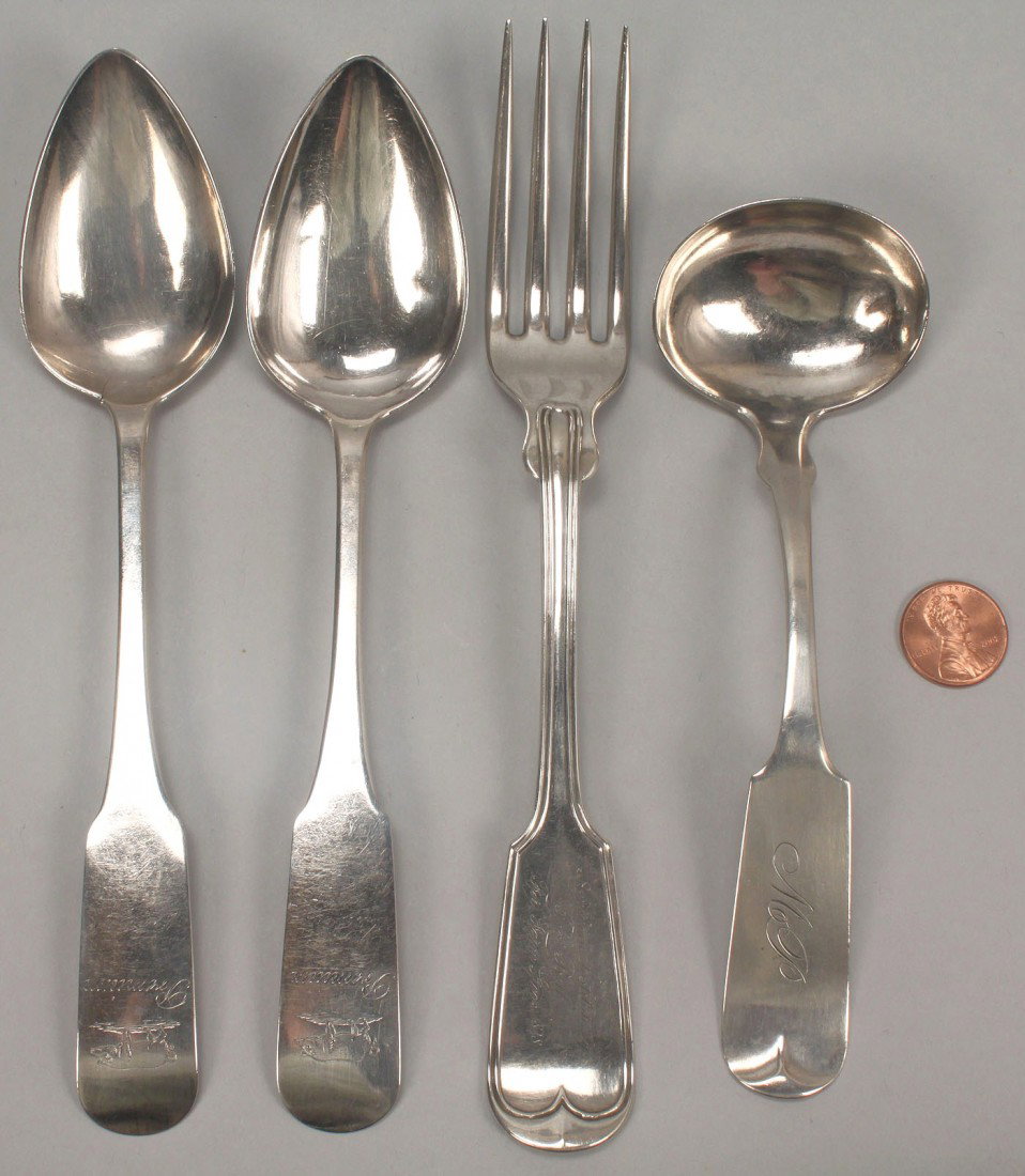 4 pcs Agricultural Coin Silver flatware, pig engra: Four pieces of 19th century coin silver flatware, all with agricultural presentation inscriptions, including 2 with engraved pigs. 1st item: gravy or sauce ladle with fiddle tipt handle, inscribed on 