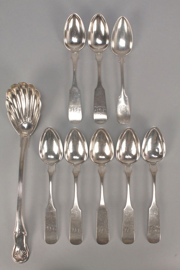 Baltimore silver ladle and 8 spoons: 9 pieces Baltimore, Maryland coin silver or sterling flatware. Includes one 11" ladle with fluted bowl and King's pattern variant handle marked A.E. Warner with assay mark "11" (Andrew Ellicott Warner