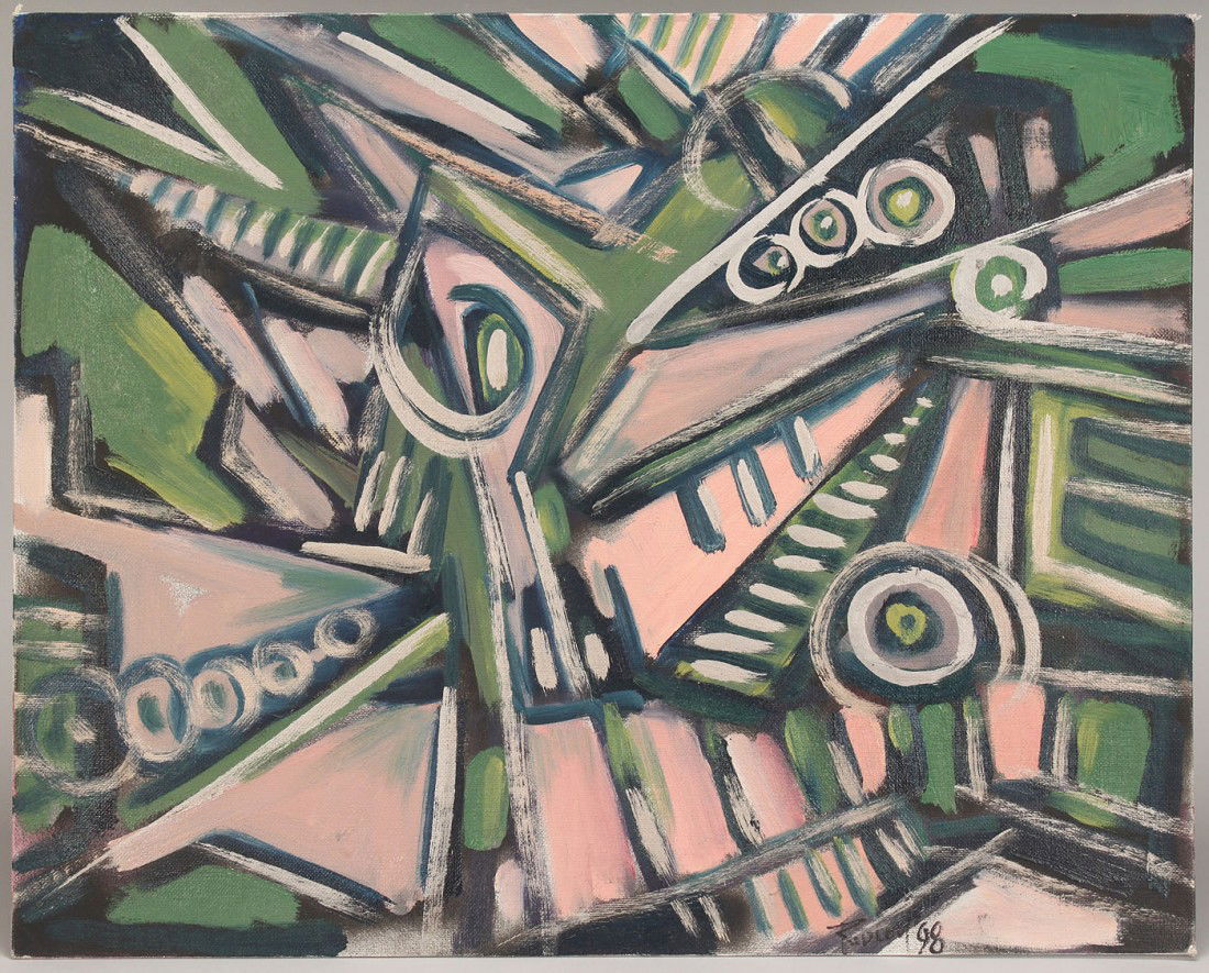 Greg Ridley, Jr. Oil on board, "aka Splash": Oil painting on board by Gregory D. Ridley, Jr (Tennessee, 1925-2004), titled en verso "AKA Splash" with other inscriptions en verso including "B. 1925, talking '98 series of 50 paintings, 250.00 valu