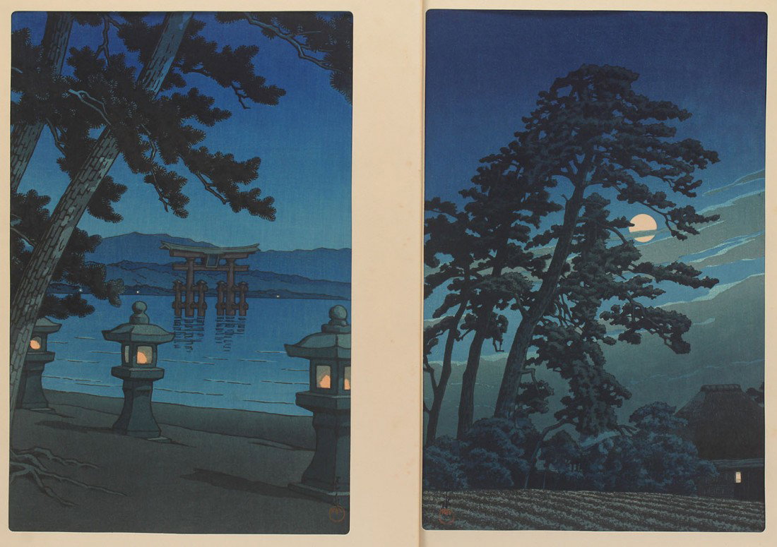 Pair of Japanese Woodblocks by Kawase Hasui: Pair of Kawase Hasui (Japanese 1883-1957) woodblock prints, one titled "Moonlit Night at Miyajima" printed 1947 and the other titled "Moon At Magome" printed 1930. Both prints signed and titled. Unfra