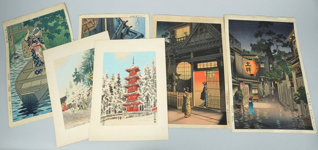 Group of 6 Japanese Colored Woodblock Prints: Group of 6 Japanese colored woodblock prints. 1st item - Pair of prints by Tsuchiya Koitsu (1870 - 1949) one titled "Yokocho at Yotsuya Araki" (Overall - 15 1/2" H x 10 1/2" W) and the other "Jinrakuz