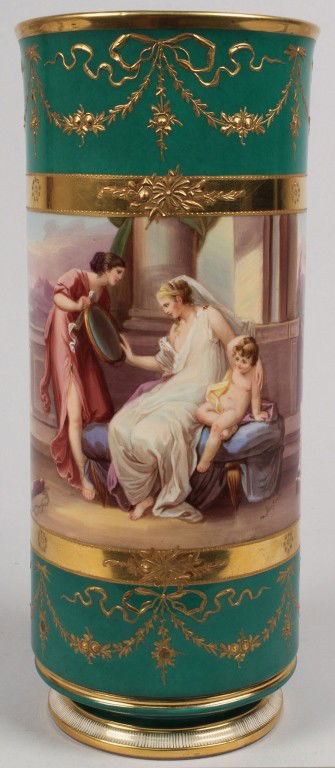 KPM Classical Vase w/ Painted Scenes: Porcelain classical vase with hand-painted scenes on green ground, one titled "Hera" and the second titled "Toilette de Venus," with applied gilt bands and floral swags. Blue KPM Berlin mark on base a