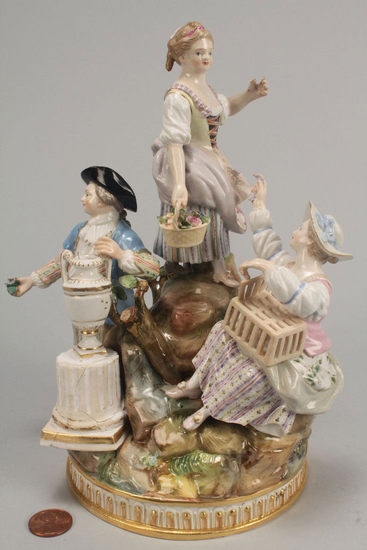 Meissen figural porcelain group of gardeners, 19th: Meissen figural porcelain group with gentleman and two ladies in garden after a 1778 design by Michael Victor Acier. Meissen crossed swords mark in underglaze blue to the base. Pressed number 72, scra