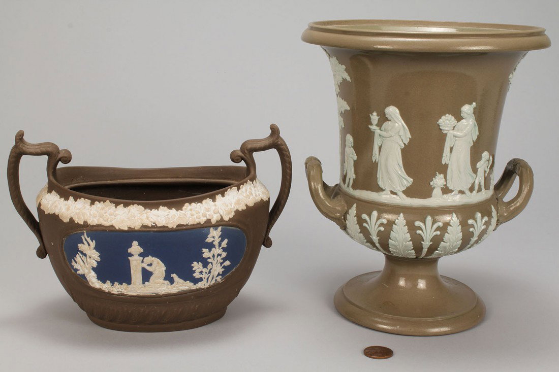 Two pieces Jasperware inc. a three-color sugar bow: 1st item: Rare three-color jasperware sugar bowl, dark olive color with a band of white floral relief decoration at the top, over a blue oval panel with white relief decorated mourning scene, above a
