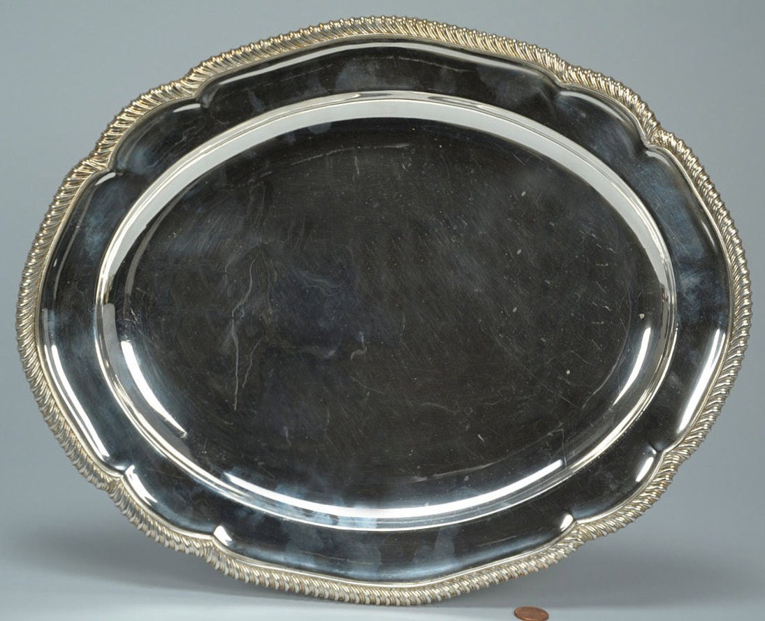 Matthew Boulton Old Sheffield Platter or Tray: Old Sheffield Plate (silver on copper) platter or tray with scalloped and gadrooned rim, double sun marks on underside attributed to Matthew Boulton. No monogram. 16" x 12-1/2". English, early 19th ce