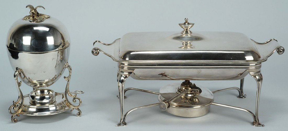 English silverplated chafing dish & egg coddler: 1st item: Neoclassical style silverplated chafing dish, rectangular with urn finial and engraved crest of a griffin rising from the water, fine ovolo rim and rolled handles, on four cabriole legs join
