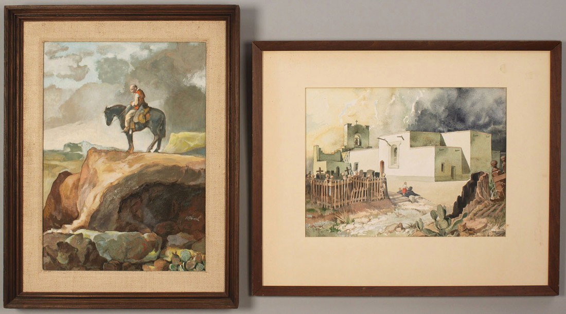 2 Horst Schreck Southwestern Paintings: ITEM 1: Horst Schreck (Texas, 1885-1967) oil on board depicting a man on horseback on the edge of a southwestern mountain. Signed lower right. Sight: 18" H x 12 3/4" W. Framed: 23 1/4" H x 18" W. ITEM