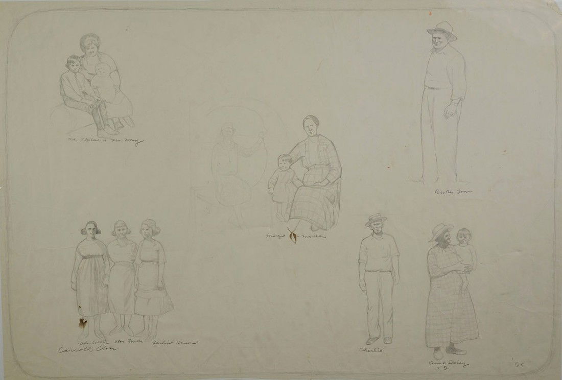 Carroll Cloar drawing: Pencil on paper drawing by Carroll Cloar (Tennessee, 1913-1994), sketches of figures, all identified, including "Margie and Mother," "Brother Tom", etc. Signed lower left in pencil and dated '65 lower