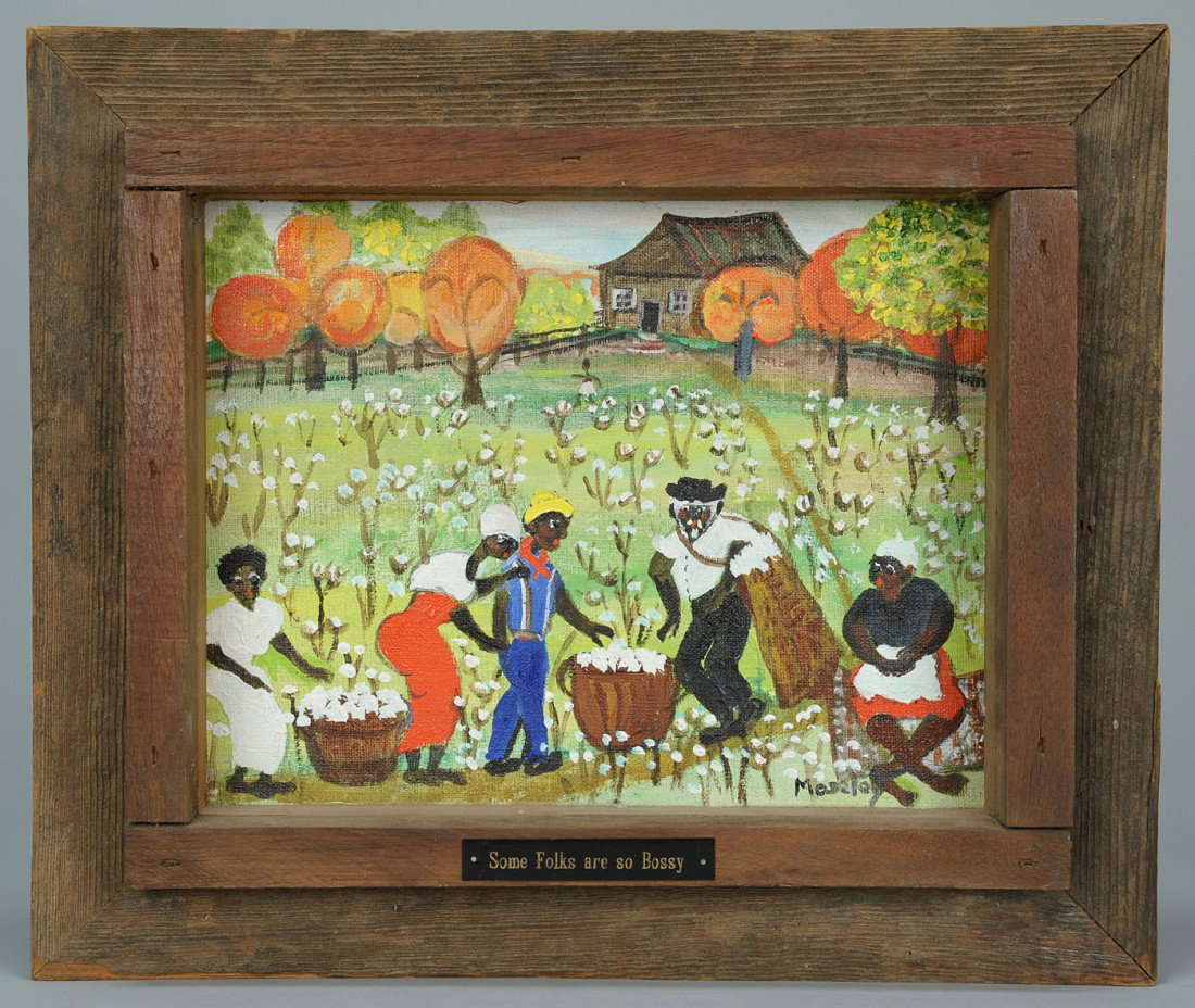 Alice Latimer Moseley painting, cotton pickers: Alice Lattimer Mosley (American/Mississippi, 1909-2004), oil or acrylic on canvasboard painting of four African Americans picking cotton in a field while another talks to them from her seat on a rug. 
