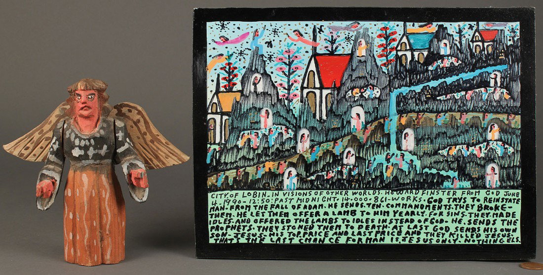 2 Howard Finster works, plaque and carved angel fi: Two Howard Finster (American, 1916-2001) outsider art items including one (1) wooden panel plaque with enamel paint decorated scenes titled "City of Lobin - In Visions of Other Worlds, June 4, 1990, G