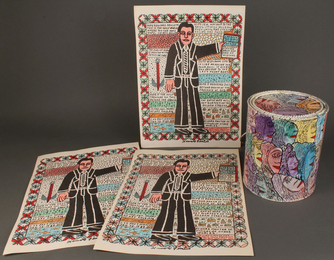 4 Howard Finster Items: paint can and wood blocks: Grouping of 4 Howard Finster (American, 1916-2001) items including one (1) paint decorated paint can, signed on base (7 3/4" H x 6 3/4" dia) titled "Resting Souls" and decorated with face profiles and