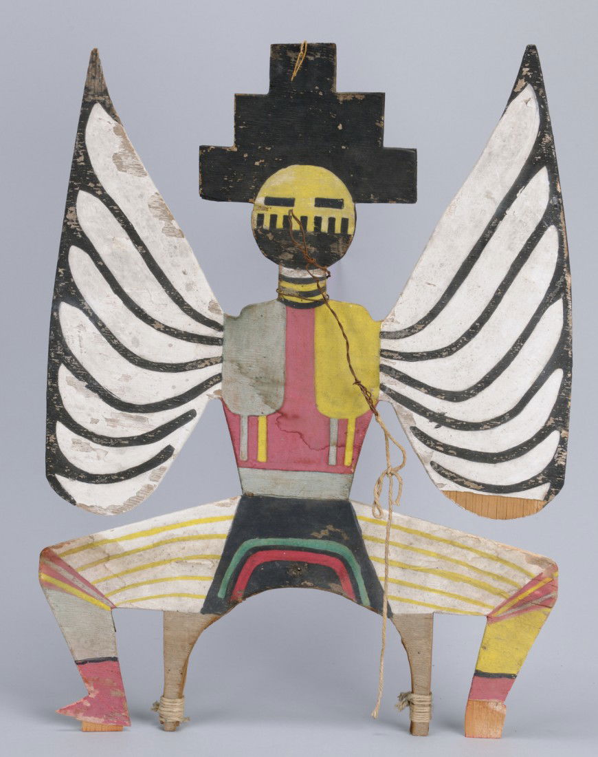 Southwest Native American Tableta Headdress: Southwestern Native American polychrome wooden Tableta headdress of a winged figure. 19 3/4" H x 15" W. Circa 1950. Estate of Homer A. Jones, Bristol, TN.