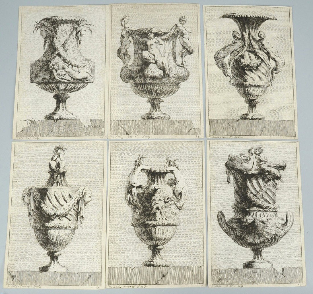Six J Sally urn engravings from set of 30: Six urn engravings by Jacques Francois Joseph Sally inscribed "J. Sally inv. et sculp." Including plates 4, 7, 14 , 20, 21 , 25. Engraved by Charles-Nicolas Cochin II, France, 1746. 8 1/2" H x 4 7/8" 