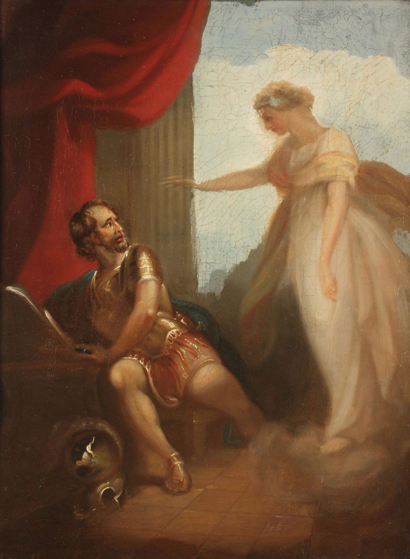 Manner of Angelica Kauffmann, Classical Painting: Manner of Angelica Kauffmann (British, 1741-1807), oil on canvas painting depicting a classical Roman soldier startled by an angelic female figure. Signed A. Kauffmann lower left (signature inconsiste