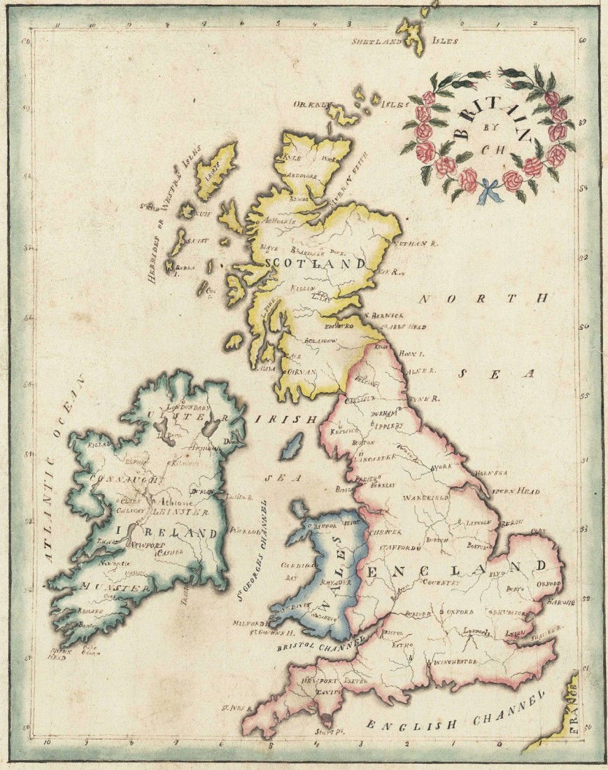 19th c. Schoolgirl map of British Isles: School girl map of the British Isles titled "Britain by C H." Title surrounded by a ring of roses. Hand colored ink and water color on paper. 11 5/8" H x 9" W. 19th Century. Provenance: Estate of Sall