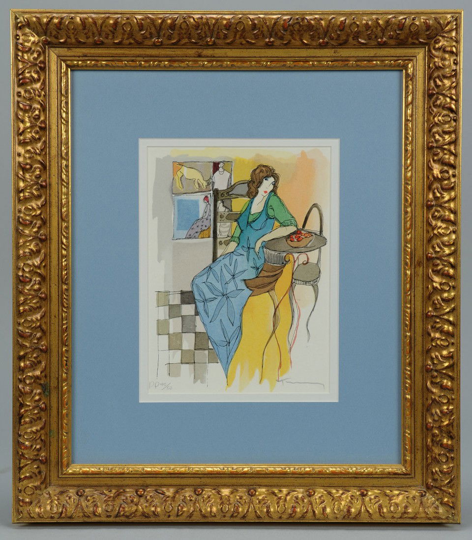 Serigraph by Itzchak Takay: Serigraph by Itzchak Tarkay (Isreal b. 1935) depicting a lady seated in a cafe,pencil numbered #45/52 and "PP" meaning printed for the artist and pencil signed lower right. Sight - 7 3/4" H x 5 3/4" W