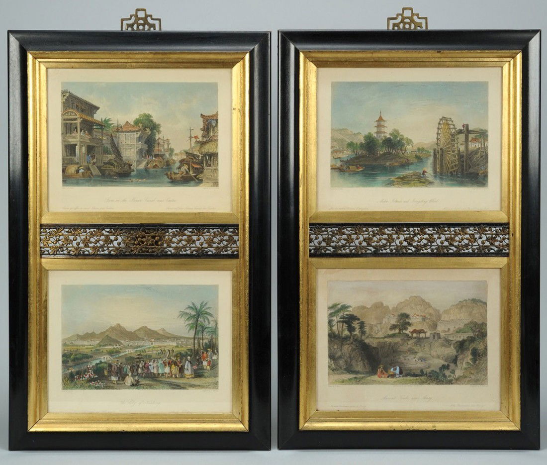 Four 19th c. engravings, Views of China and Asia: Four framed steel engravings of Asian scenes after Thomas Allom, circa 1850s. Includes Melon Islands and Irrigating Wheel; Ancient Tombs near Amoy; Scene on the Honan Canal near Canton; and the City o