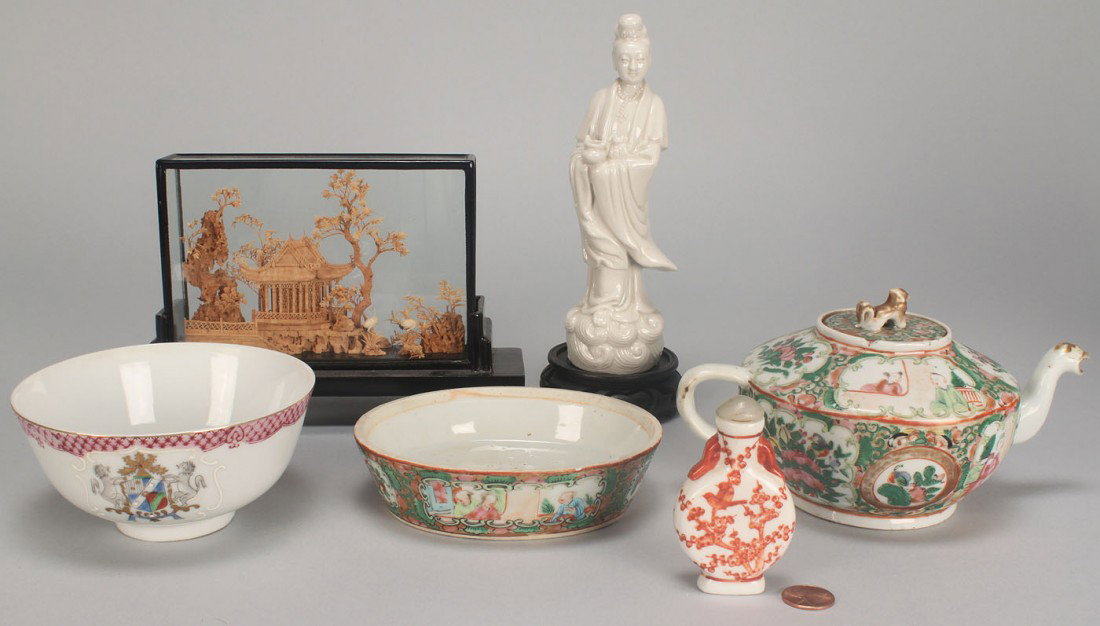 Grouping of Asian porcelain items and diorama, 6 p: Assembled grouping of Asian items, 6 pieces. 1st item - Asian white porcelain figure of Quan Yin, marked "China' with stand. Early 20th century. 7 3/4" H. 2nd item - Porcelain snuff bottle with red pa