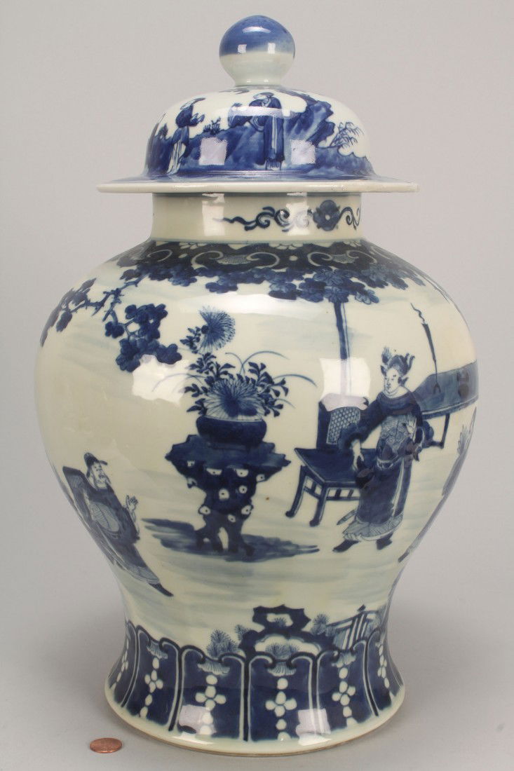 Asian Blue & White Porcelain Ginger Jar: Large blue and white Asian ginger jar with lid, depicting sages in outdoor garden setting. Two blue concentric circles to underside. 16 1/2" H. 20th century.