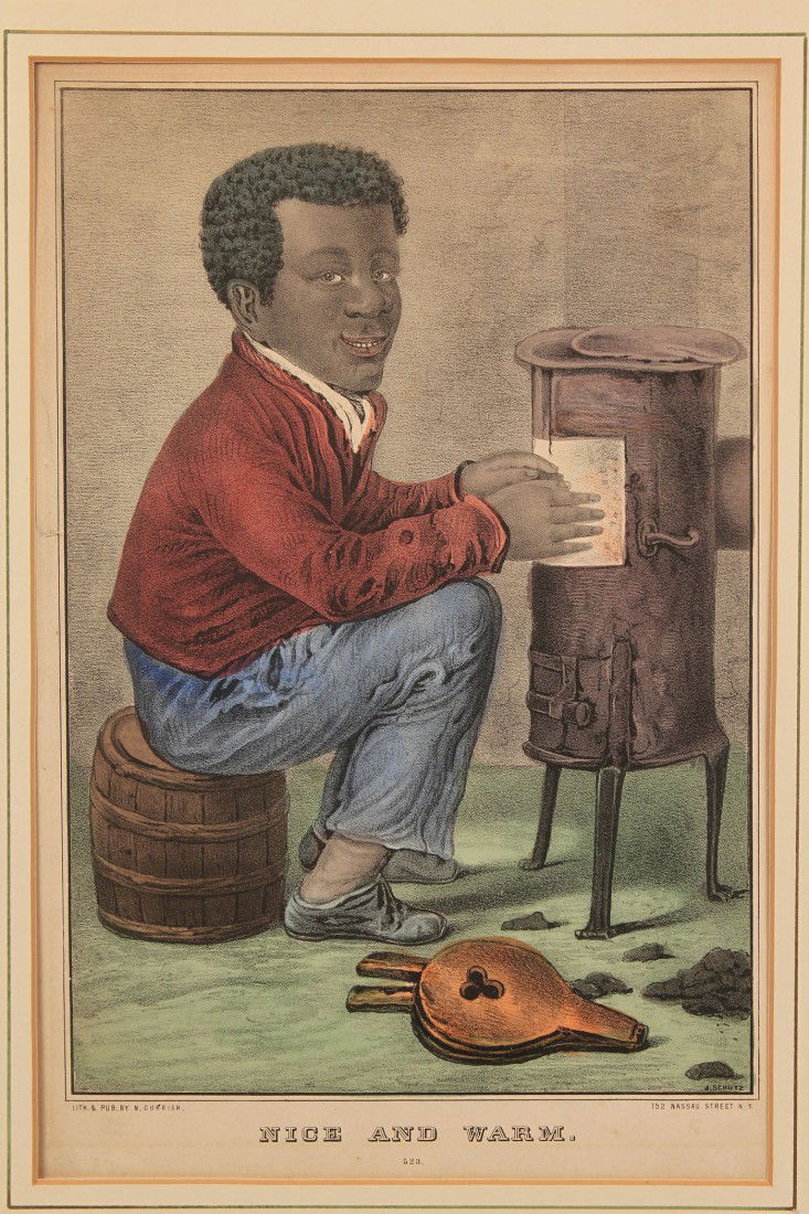 Currier Lithograph titled "Nice and Warm": Rare Currier colored lithograph titled "Nice and Warm" depicting a young African American boy sitting on a barrel warming his hands by a coal stove with bellows in the foreground. Engraved by J. Schut