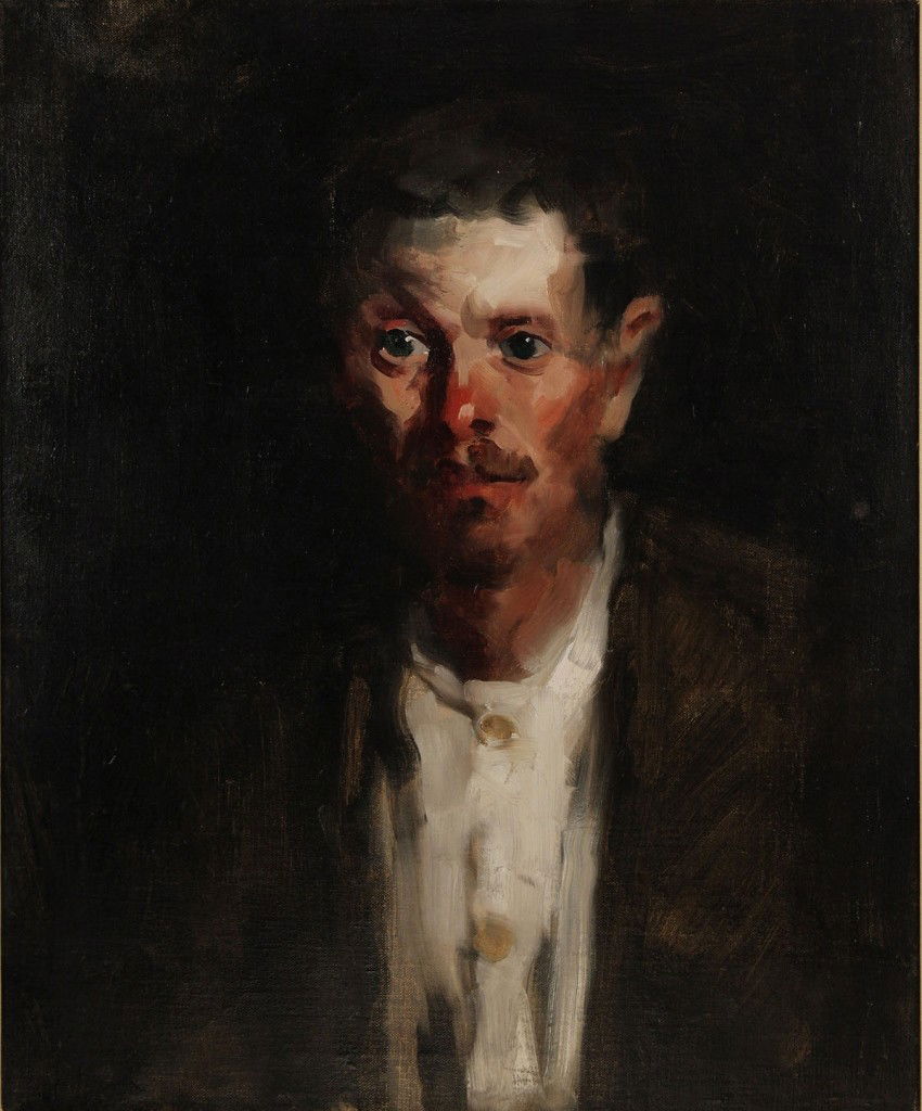 Randall Davey oil on canvas, Portrait of a Man: Randall Vernon Davey (American, 1887-1964), oil on canvas painting. Post-Impressionist portrait of a man with moustache in white shirt and jacket, signed lower right Randall V. Davey and on back, Rand